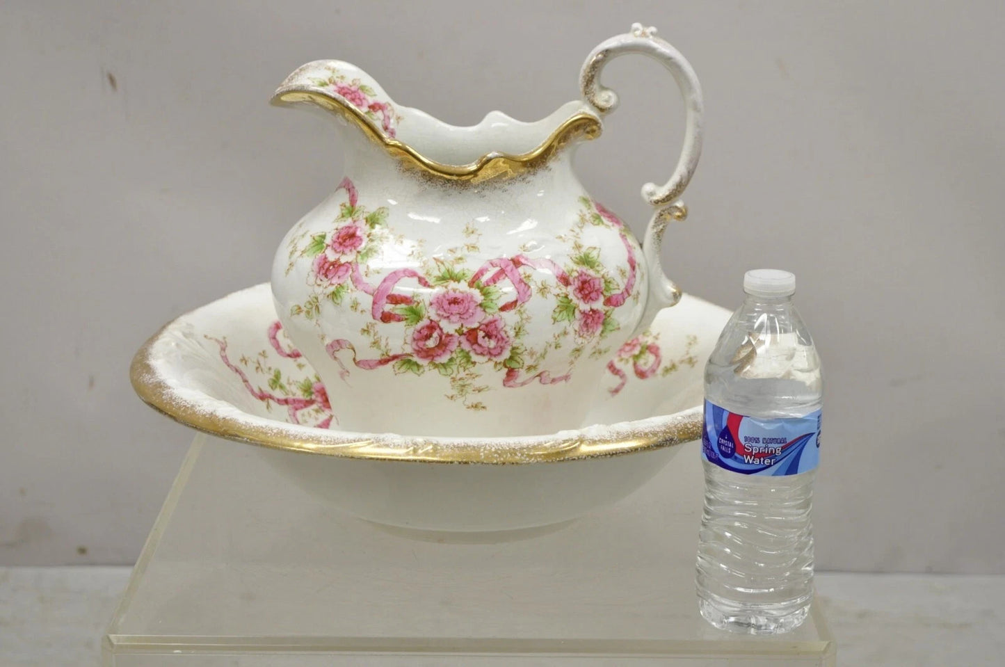 Antique WH Tatler Porcelain Pink Rose Flower Victorian Bath Wash Basin, 4 Pc Set