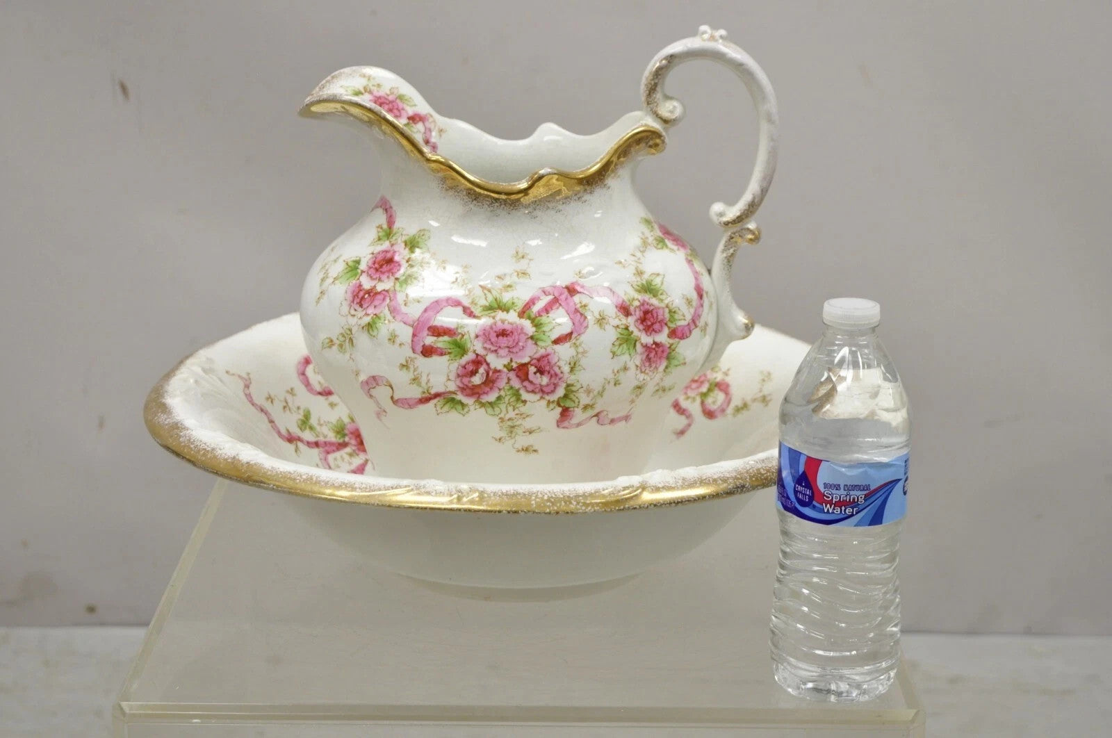 Antique WH Tatler Porcelain Pink Rose Flower Victorian Bath Wash Basin, 4 Pc Set