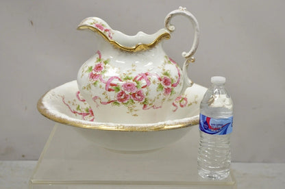 Antique WH Tatler Porcelain Pink Rose Flower Victorian Bath Wash Basin, 4 Pc Set