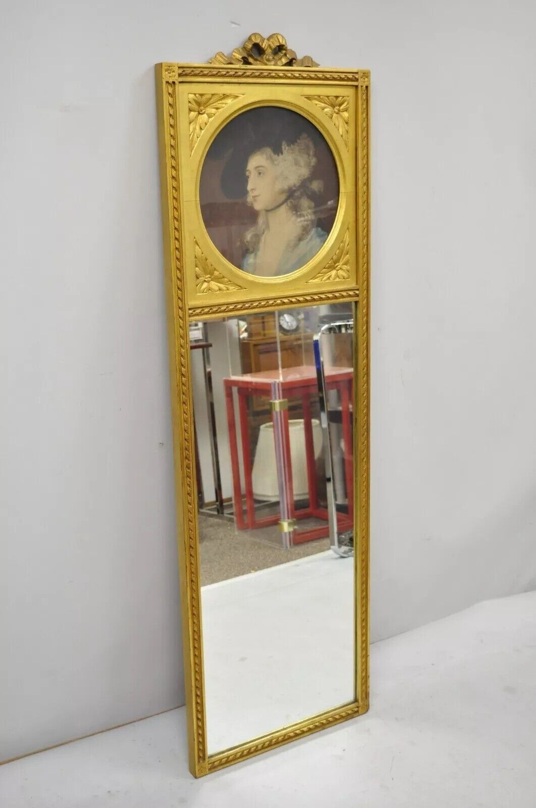 Antique French Louis XV Style Gold Gilt Wood Trumeau Mirror with Portrait Print