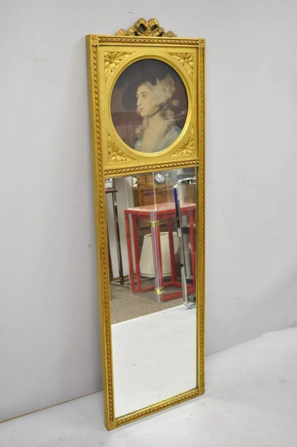 Antique French Louis XV Style Gold Gilt Wood Trumeau Mirror with Portrait Print