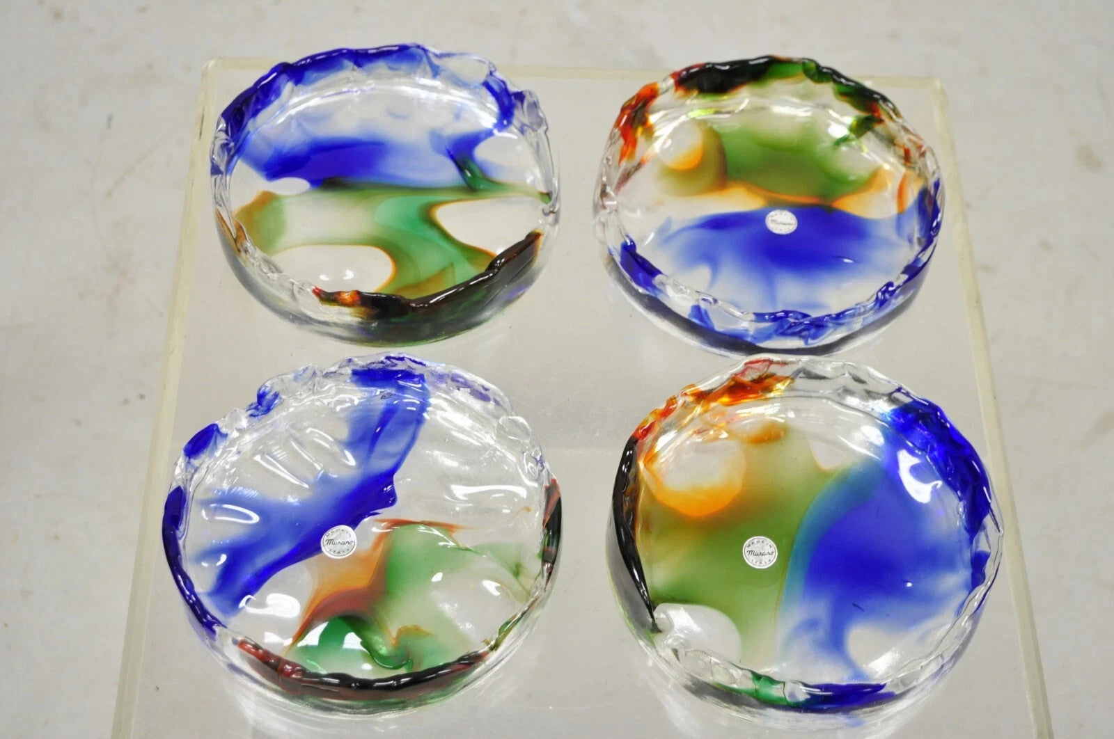 Vintage Mid Century Modern Italian Murano Blue Green Art Glass Ashtray Catchall