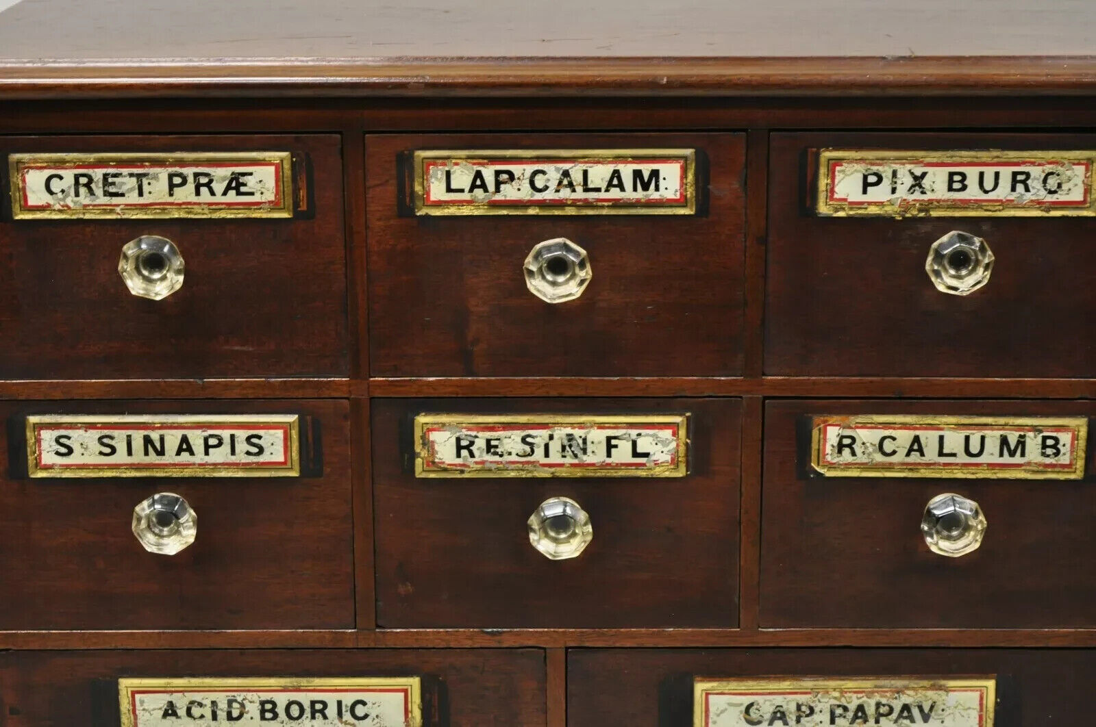 19th C. Victorian Mahogany Apothecary Medicine Cabinet w/ 10 Drawers Glass Pulls