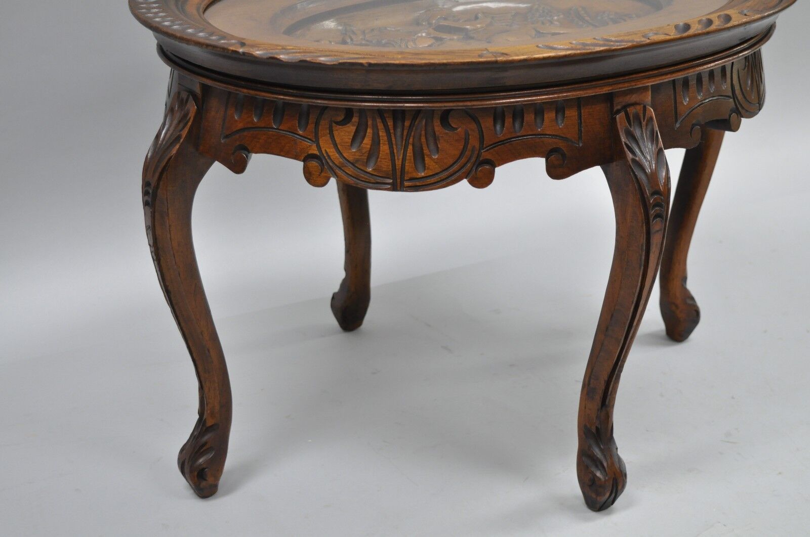 French Renaissance Style Glass Top Tray Coffee Table with Carved Cherubs Angels
