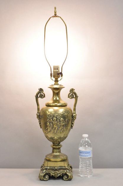 Vintage French Louis XV Renaissance Brass Figural Dancing Cherubs Urn Table Lamp