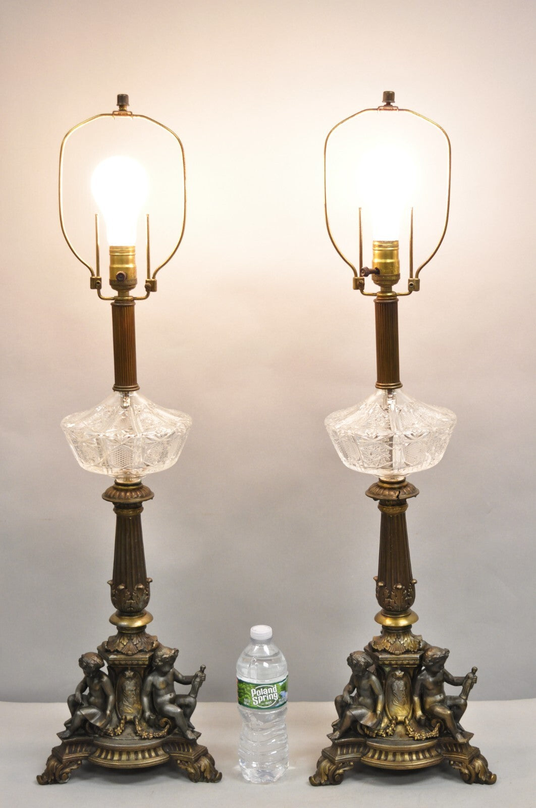Antique French Empire Renaissance Gilt Metal  & Glass Cherub Table Lamps a Pair