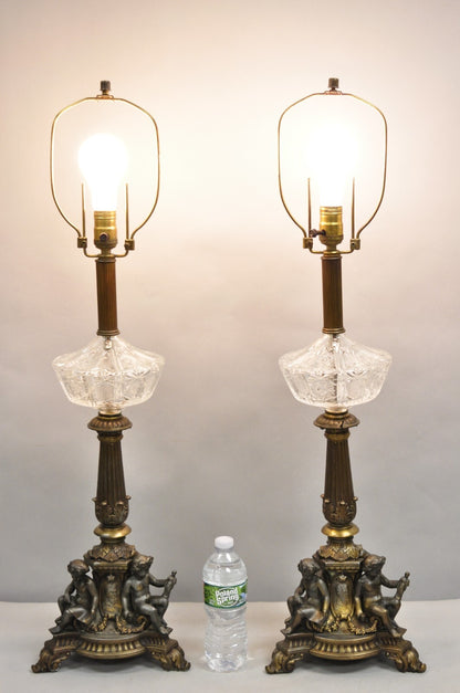 Antique French Empire Renaissance Gilt Metal  & Glass Cherub Table Lamps a Pair