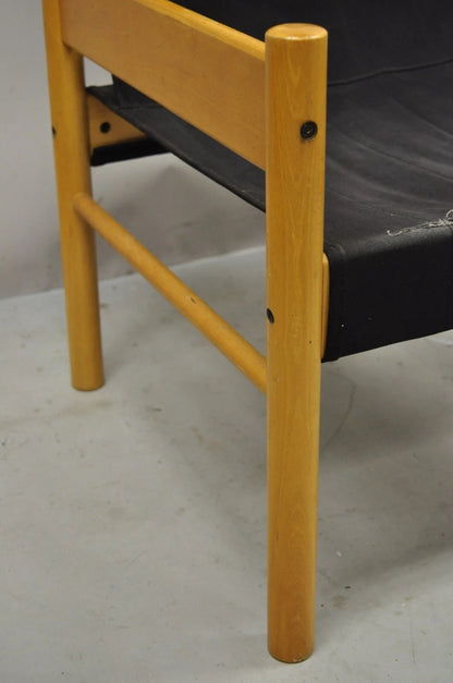 Vintage Mid Century Modern Scandinavian Black Canvas Birch Wood Lounge Chair
