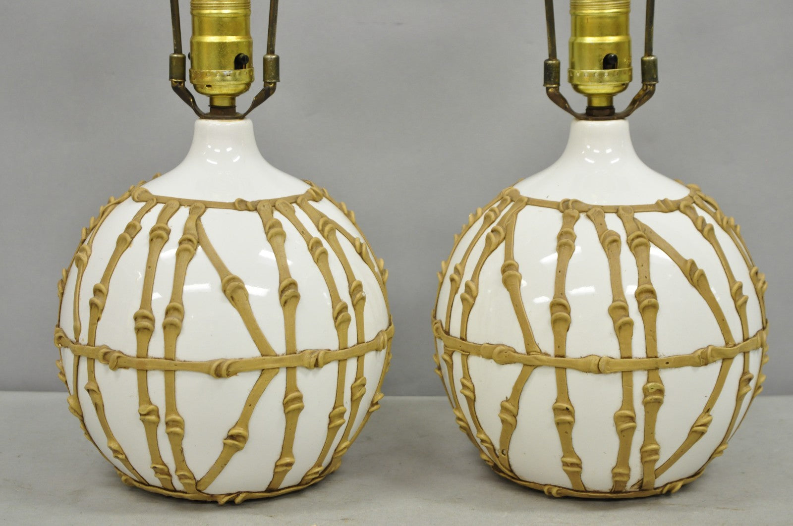 Vintage Hollywood Regency Small Bulbous Ceramic Faux Bamboo Table Lamps - a Pair