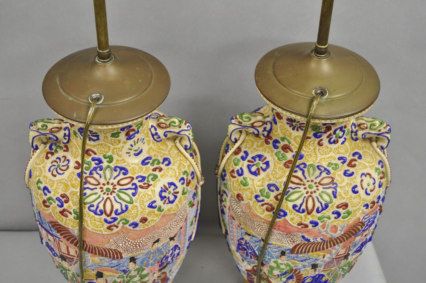 Antique Chinese Porcelain Painted Applied Scene Satsuma Vase Table Lamps - Pair