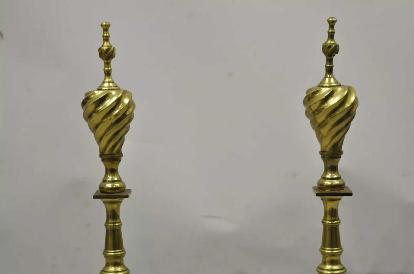 Antique Empire Brass Cast Iron Lion Head Spiral Twist Paw Feet Andirons - a Pair