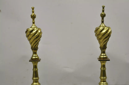 Antique Empire Brass Cast Iron Lion Head Spiral Twist Paw Feet Andirons - a Pair