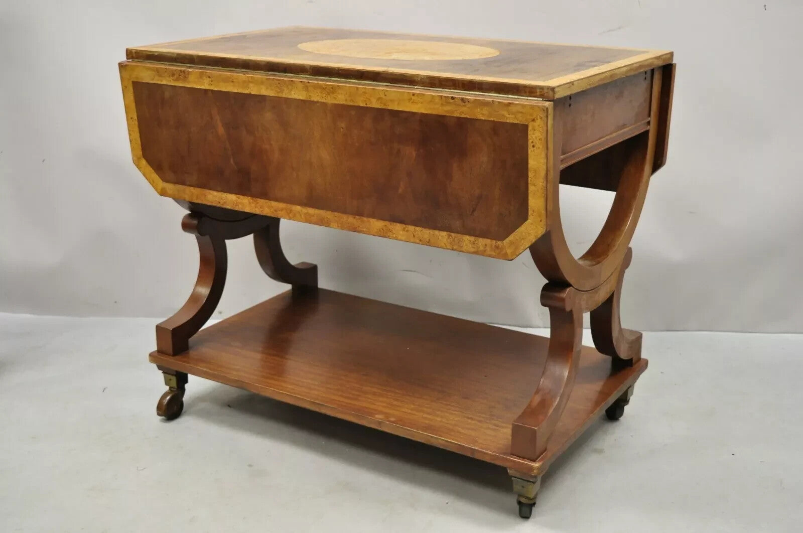 Vintage French Regency Style Dropleaf Mahogany Bar Cart Serving Table on Wheels