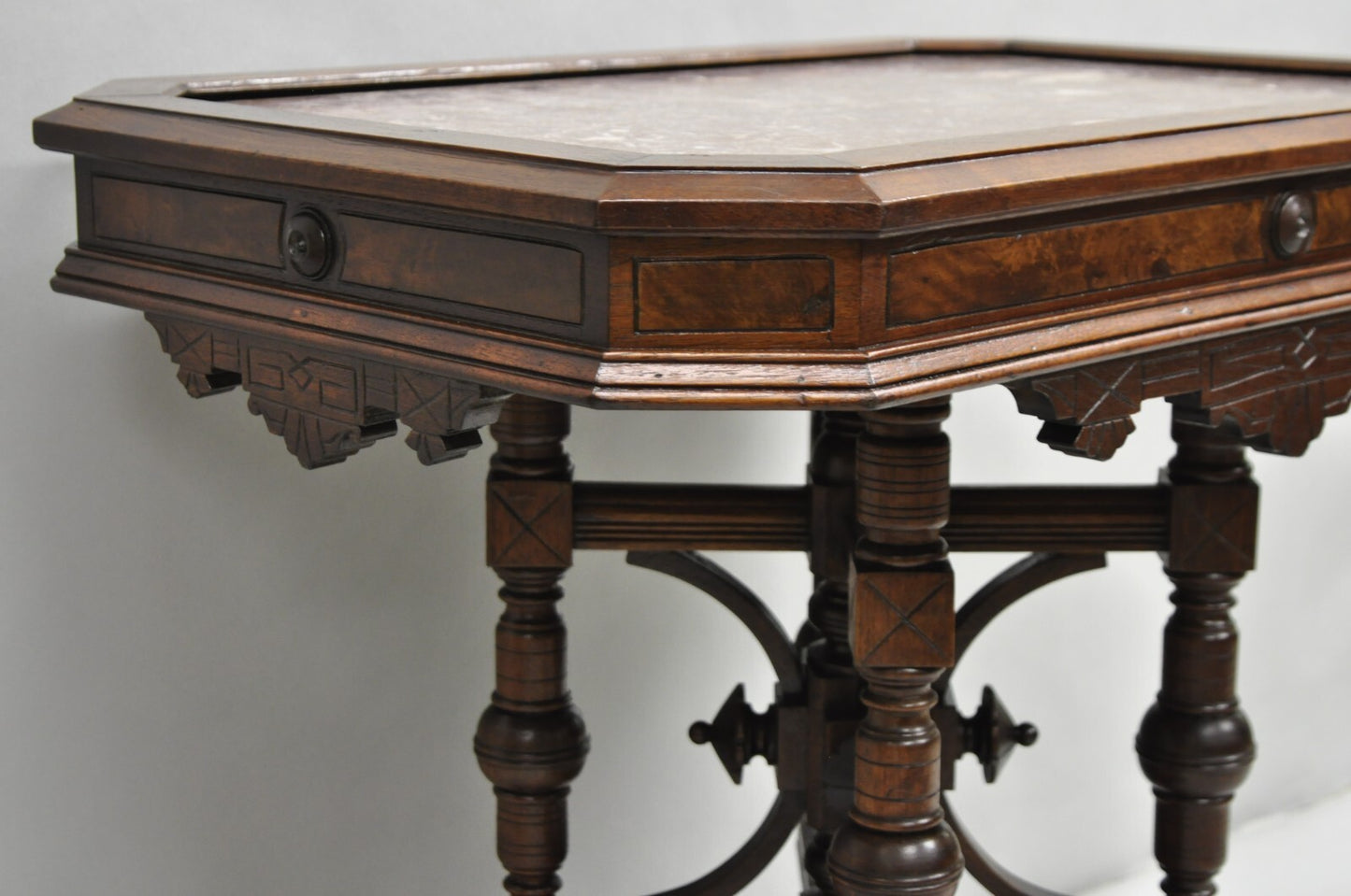 Antique Aesthetic Movement Victorian Carved Walnut Marble Top Parlor Side Table