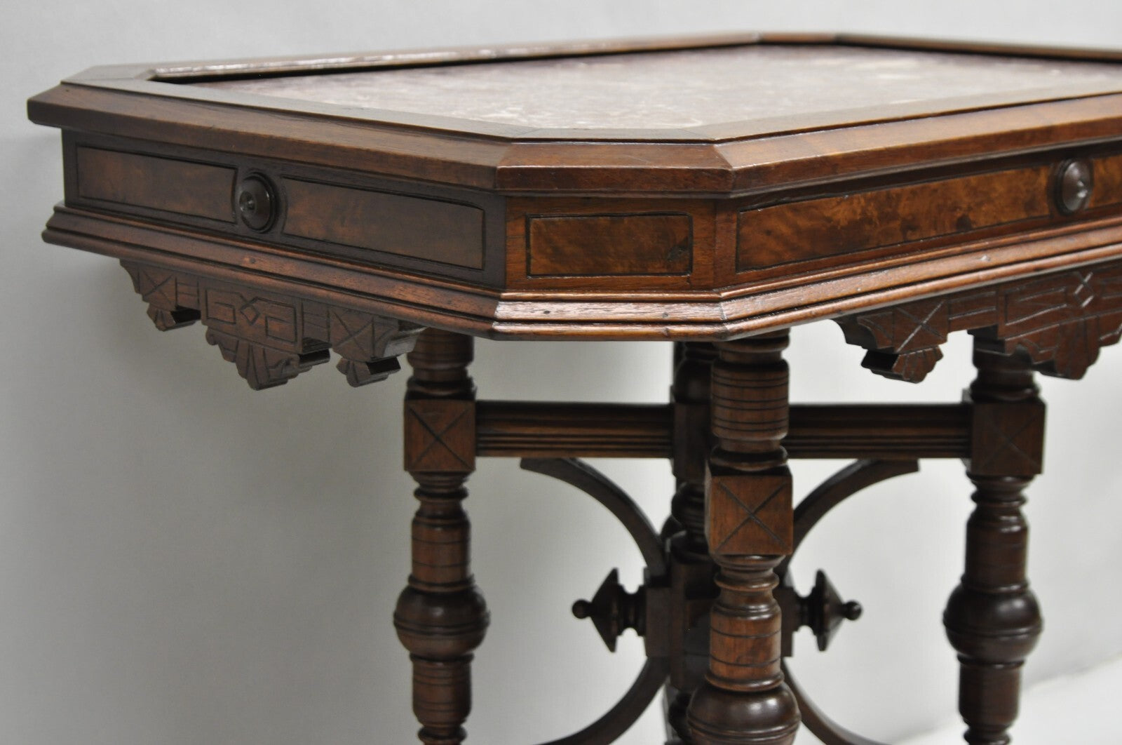 Antique Aesthetic Movement Victorian Carved Walnut Marble Top Parlor Side Table