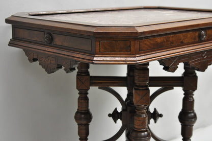 Antique Aesthetic Movement Victorian Carved Walnut Marble Top Parlor Side Table