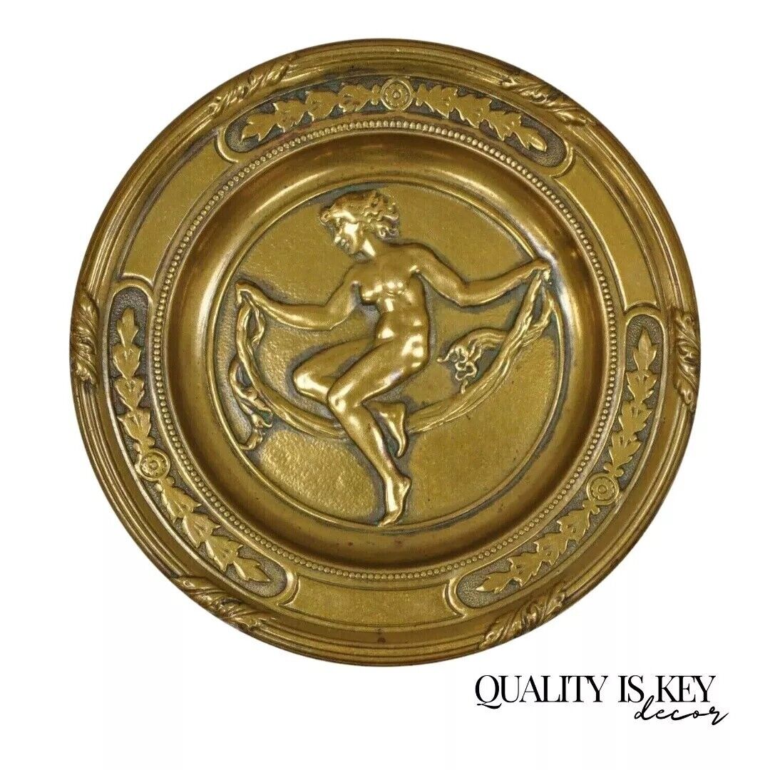 Antique 5" Bronze Neoclassical Art Nouveau Round Dish with Nude Female Maiden