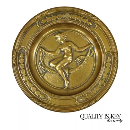 Antique 5" Bronze Neoclassical Art Nouveau Round Dish with Nude Female Maiden