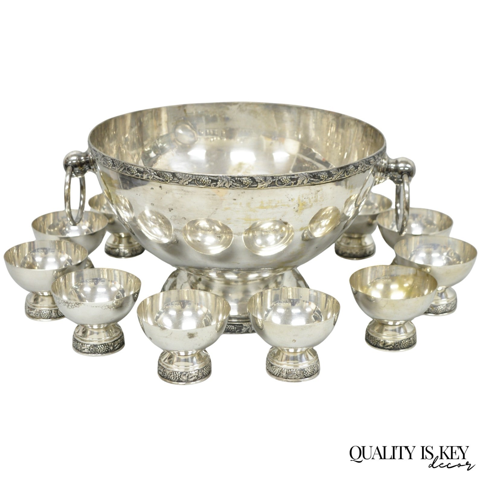 Vintage Victorian Silver Plated Footed Twin Handle Punch Bowl Set w/ 12 Cups