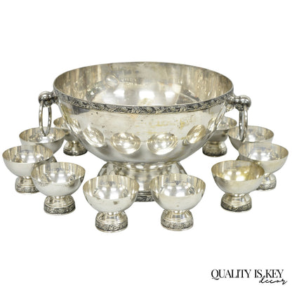 Vintage Victorian Silver Plated Footed Twin Handle Punch Bowl Set w/ 12 Cups