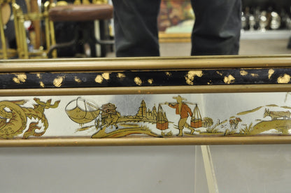 Vintage Chinoiserie Figural Eglomise Reverse Painted Oriental Wall Mirror