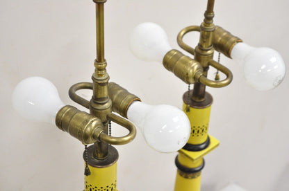 Antique Italian Regency Yellow Painted French Tole Metal Column Table Lamp Pair