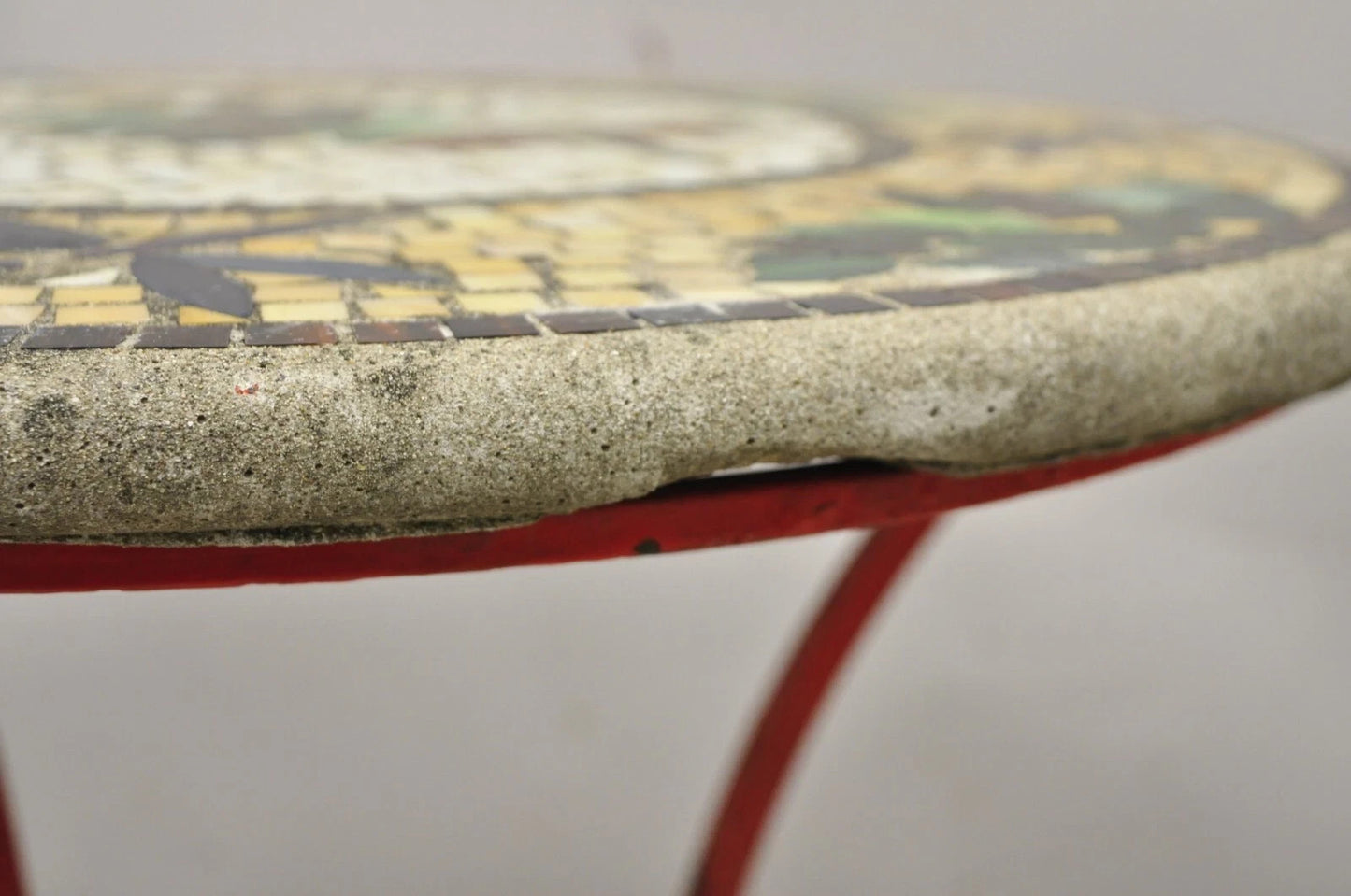 Italian Dragonfly Mosaic Tile Round Stone Top Iron Patio Side Tables - Pair