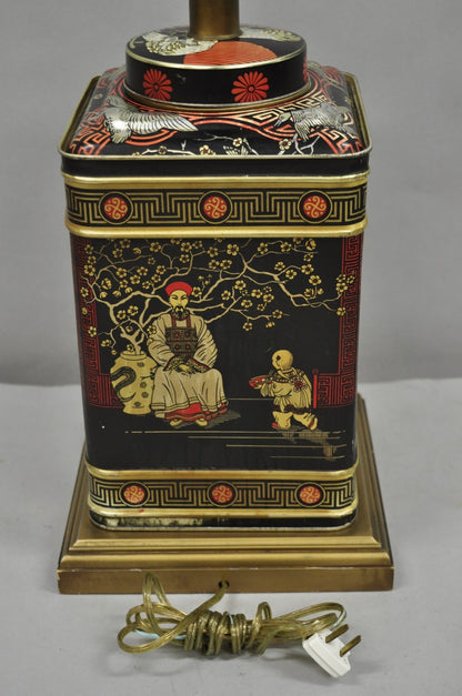 Vintage Chinoiserie Tole Metal Square English Tea Canister Table Lamps - a Pair