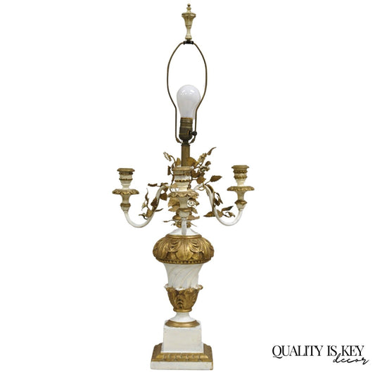 Vintage Italian Hollywood Regency Giltwood White & Gold Candelabra Table Lamp