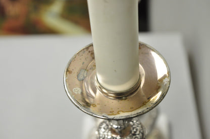 International Victorian Silver Plate Floral Repousse Candlestick Table Lamp Pair
