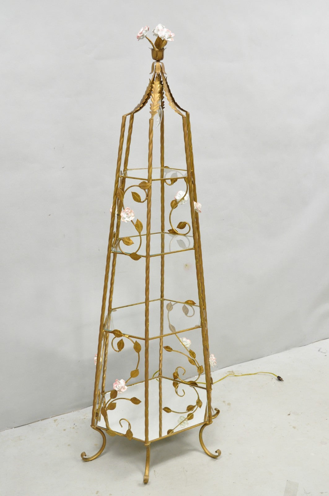 Vintage Italian Hollywood Regency Gold Tole Metal 4 Tier Lighted Etagere Curio