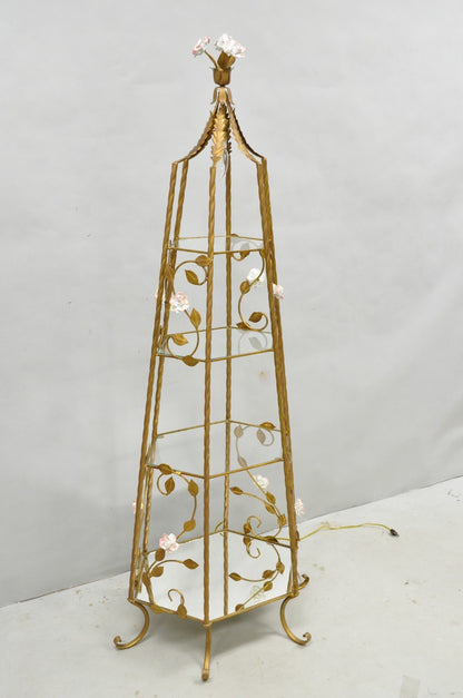 Vintage Italian Hollywood Regency Gold Tole Metal 4 Tier Lighted Etagere Curio