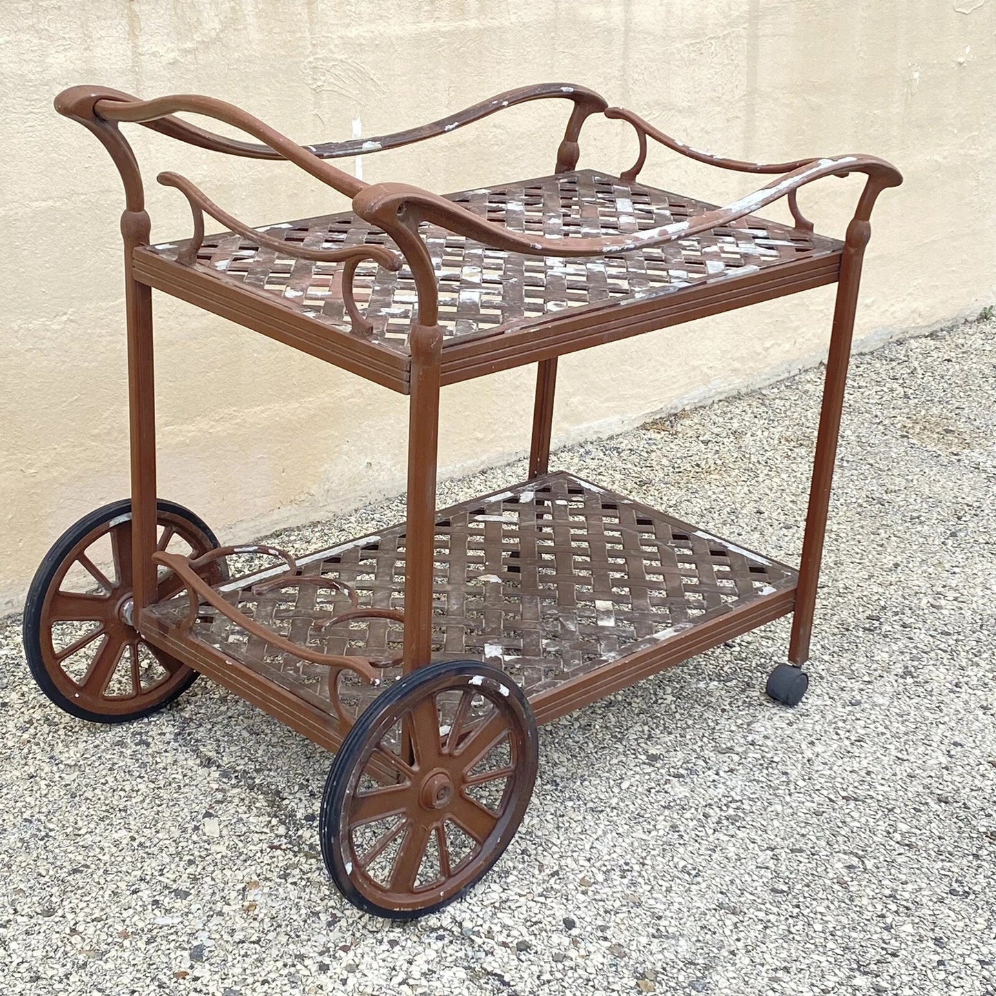 Cast Aluminum Metal Lattice Garden Patio Serving Bar Tea Cart Side Table