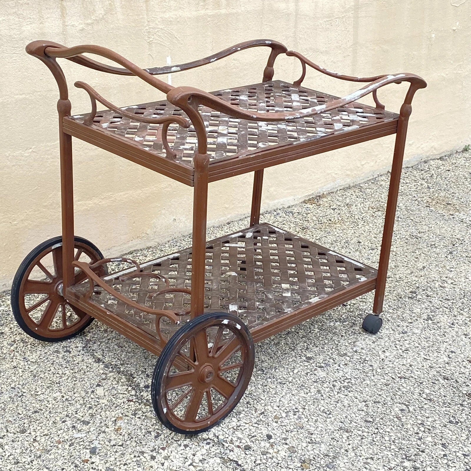 Cast Aluminum Metal Lattice Garden Patio Serving Bar Tea Cart Side Table