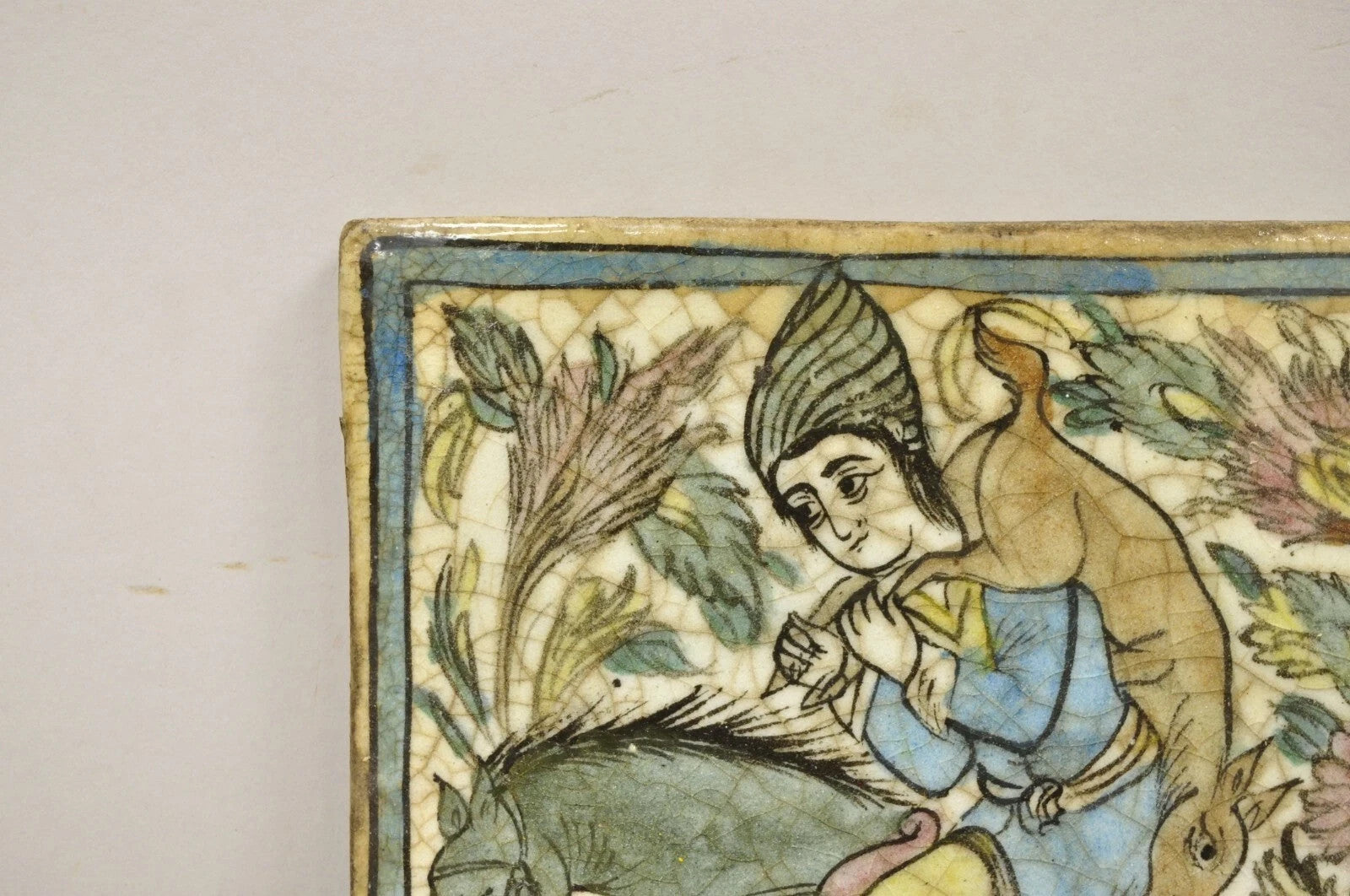 Antique Persian Iznik Qajar Style Ceramic Pottery Square Tile Hunter & Horse C4