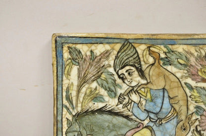 Antique Persian Iznik Qajar Style Ceramic Pottery Square Tile Hunter & Horse C4