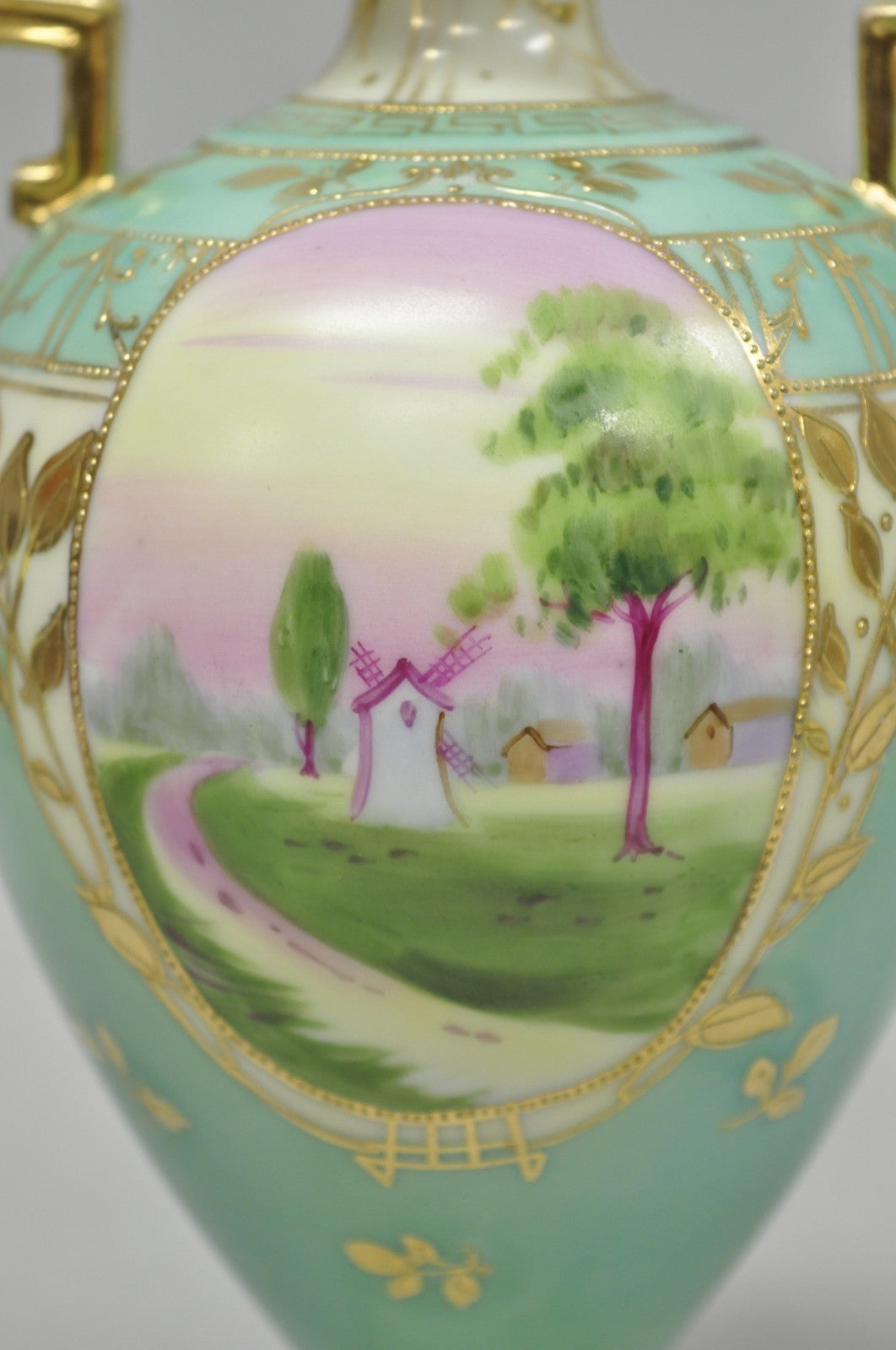Antique Nippon Hand Painted Porcelain Windmill Scene Green Small Bolted Vase