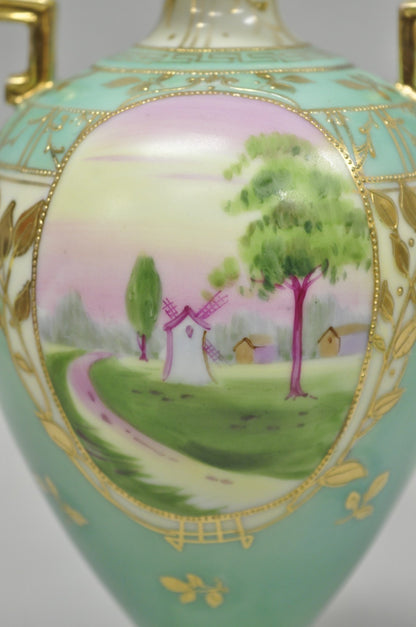 Antique Nippon Hand Painted Porcelain Windmill Scene Green Small Bolted Vase