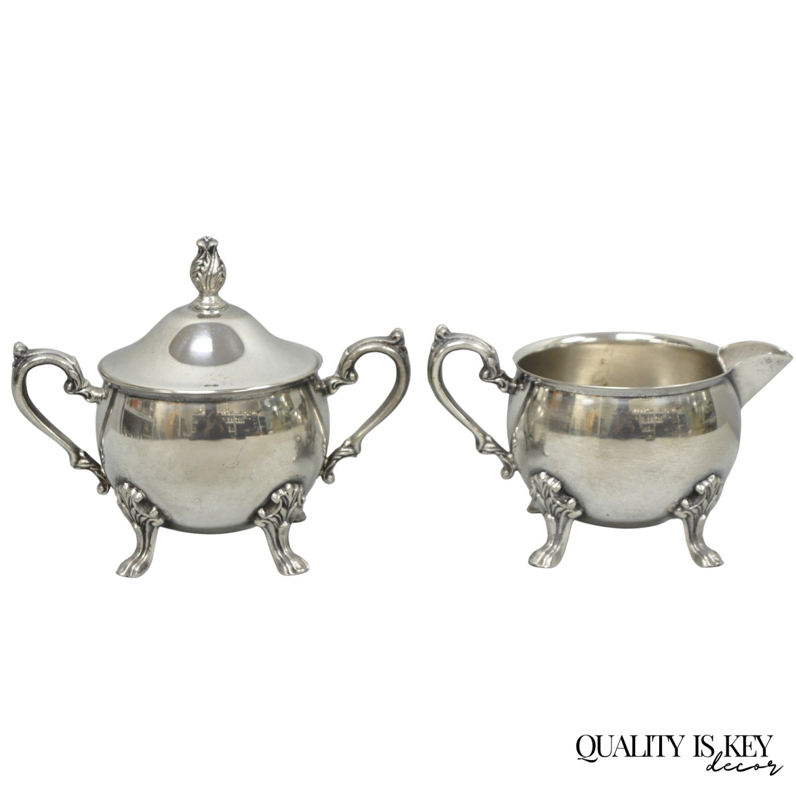 Vintage Sheridan Victorian Silver Plated Footed Lidded Sugar Bowl & Creamer Set