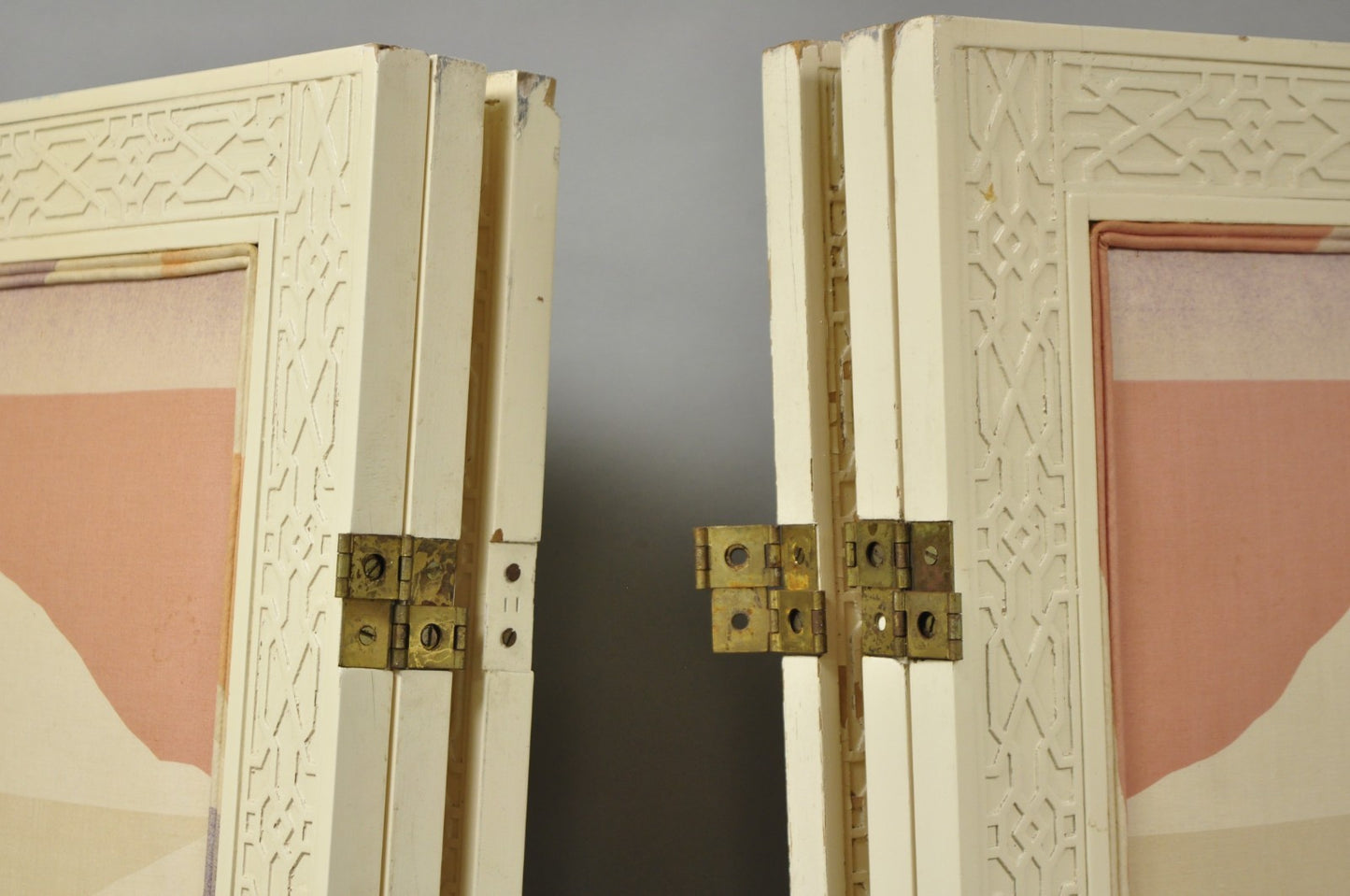 Vintage Oriental Fretwork Bone Lacquer Upholstered 6 Panel Room Divider Screen