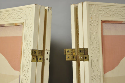Vintage Oriental Fretwork Bone Lacquer Upholstered 6 Panel Room Divider Screen