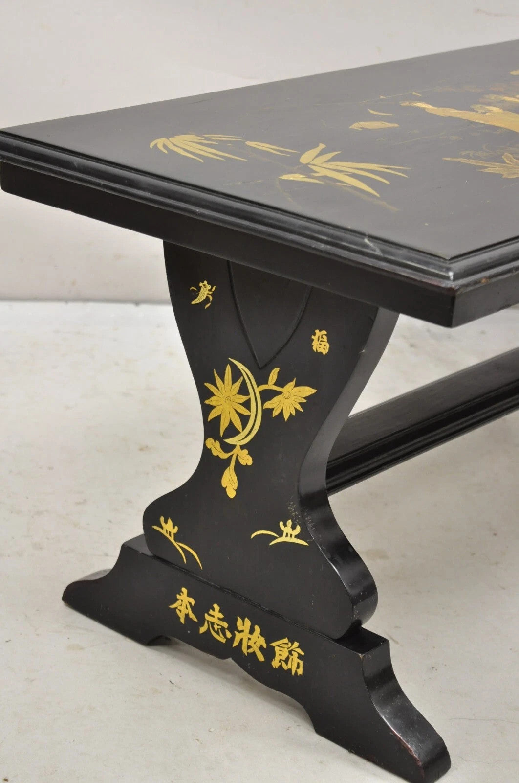 Vintage Chinoiserie Oriental Black Lacquer Gold Gilt Trestle Bench Coffee Table