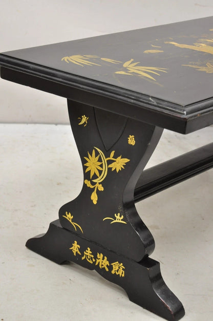 Vintage Chinoiserie Oriental Black Lacquer Gold Gilt Trestle Bench Coffee Table