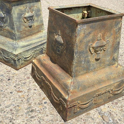 Pair Vintage Neoclassical Style Green Cast Iron Garden Planter Urn Pedestal Base