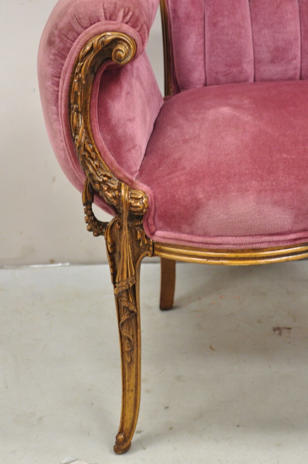 Antique Victorian Pink Tufted Carved Wood Parlor Arm Chair