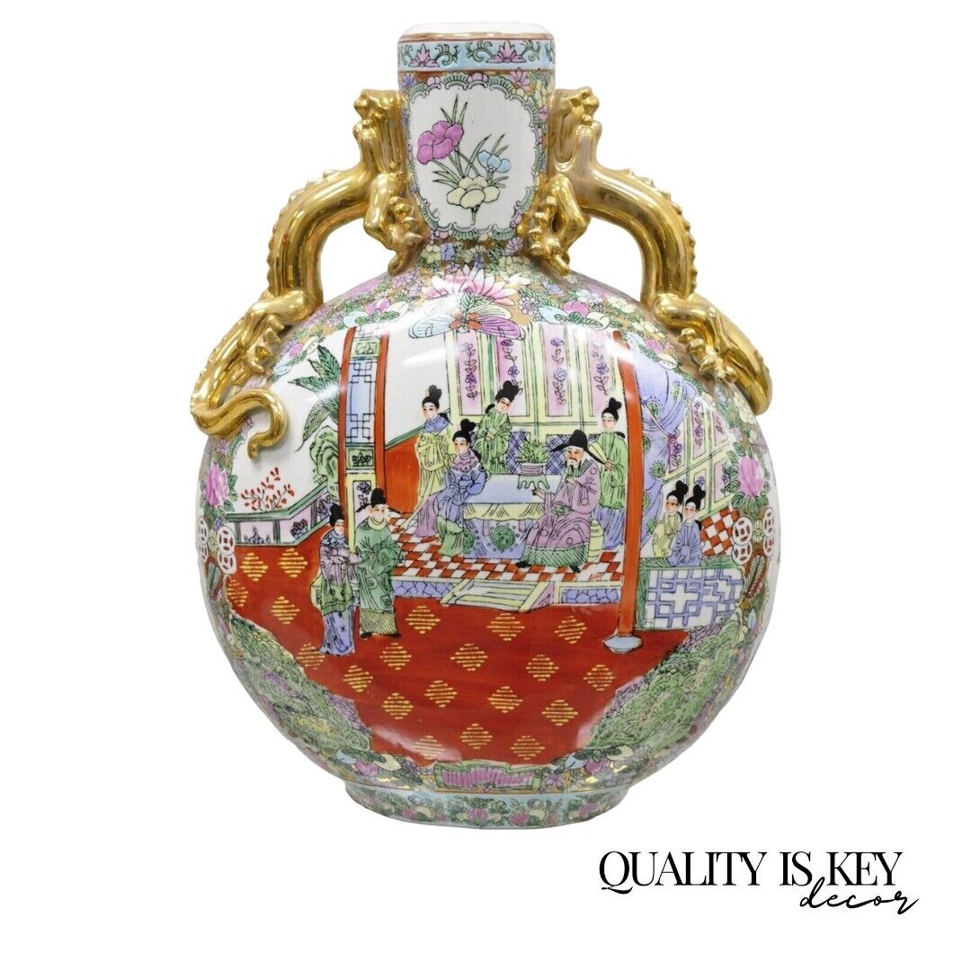 Vtg Chinese Famille Rose Porcelain Figural Orange Moon Flask Vase with Dragons
