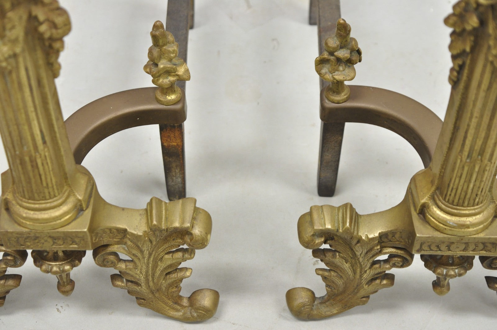 Antique French Empire Style Bronze Corinthian Column Fireplace Andirons - a Pair