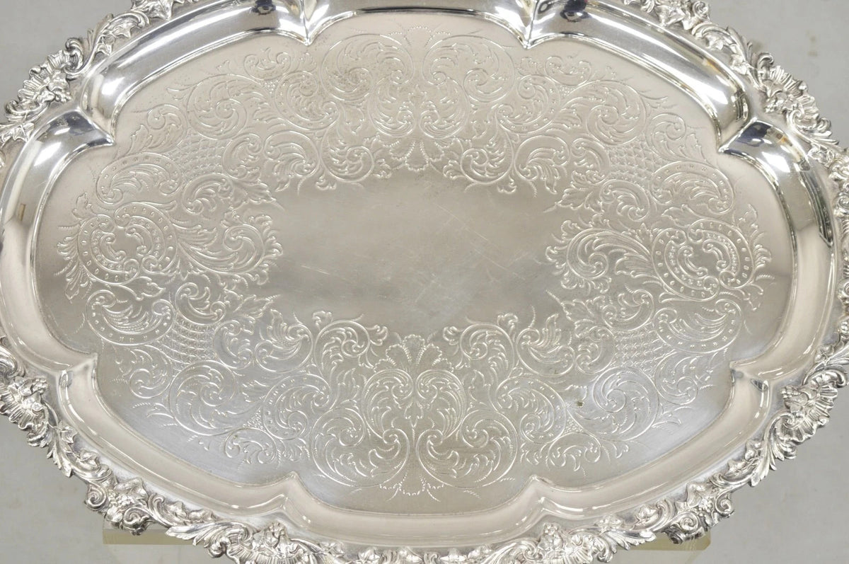 Antique Victorian English Sheffield Ornate Oval Footed Serving Platter Bar Tray