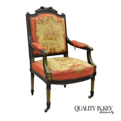 Antique French Empire Black Ebonized Walnut Needlepoint Parlor Arm Chair