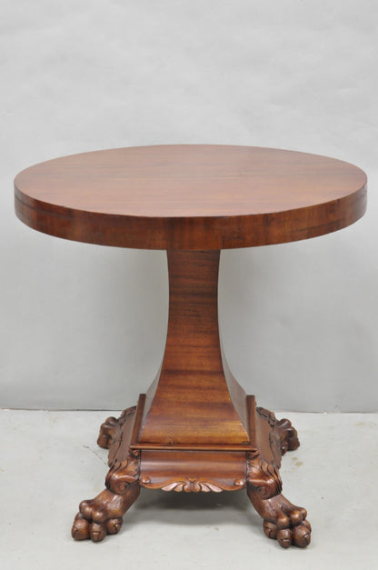 Antique American Empire Round Mahogany Carved Paw Foot Pedestal Base Side Table